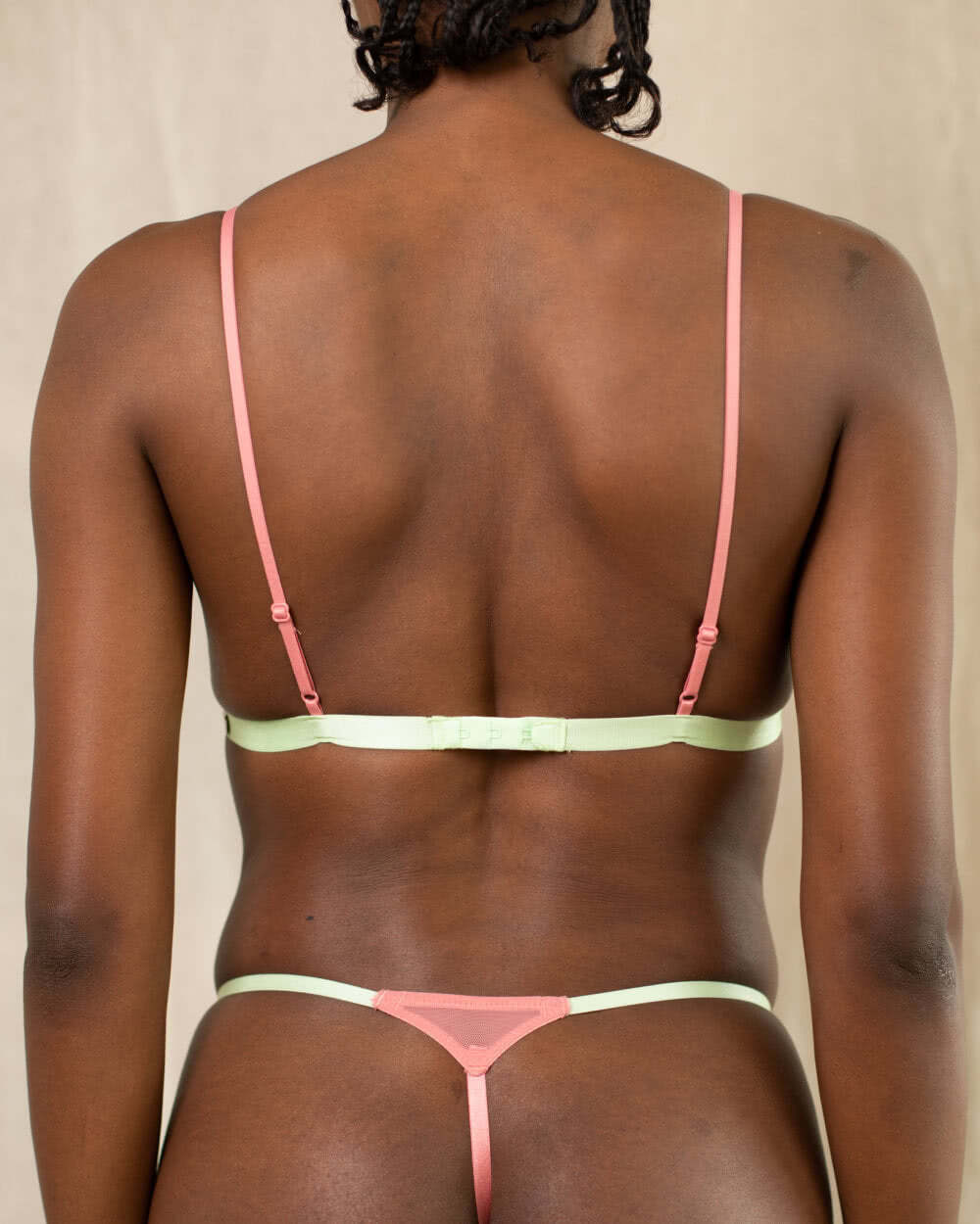 Peachez Model Product Shot-The Hayden Bralette with Floral Lace in Coral and Mint Back View